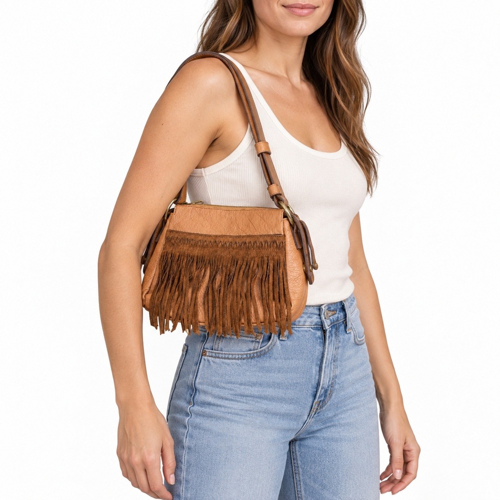 C Wonder Fringe Shoulder Bag Womens Small Brown Boho Faux Leather Handbag